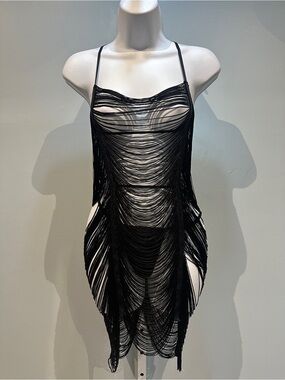 Yandy Black Fringe Dress G-String Lingerie Set Medium NWOT